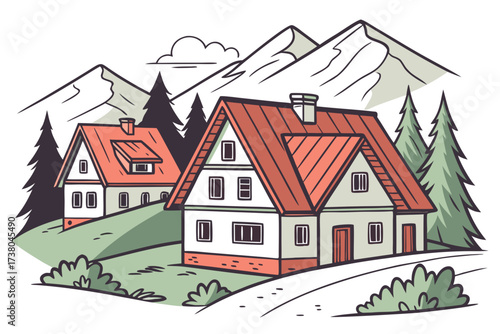 Cozy mountain village with colorful rooftops and pine trees