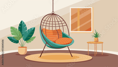 A hanging rattan chair in the corner perfect for lounging and adding a bohemian touch.
