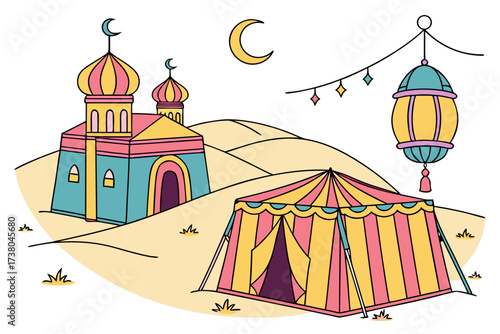 Desert camp with mosque and tent illustration moon
