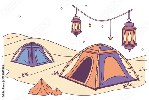 Desert camp with colorful tents and lanterns camping