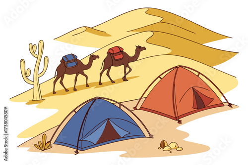 Desert caravan with tents and camels on white background