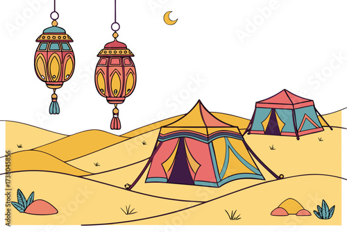 Desert landscape with colorful tents lanterns and crescent moon