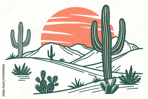 Desert landscape with saguaro cacti and sunset cactus