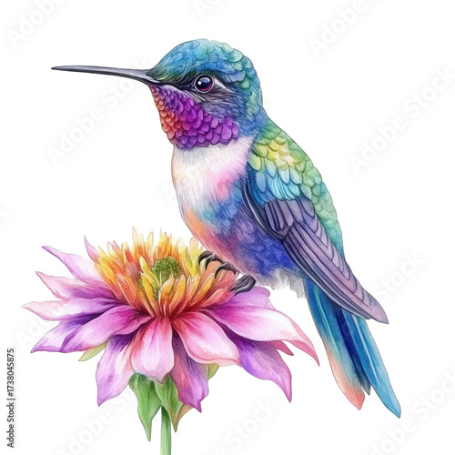 Watercolor painting of a vibrant hummingbird perched on a pink dahlia, showcasing its colorful plumage and delicate features, isolated on transparent background