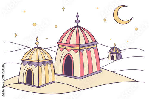 Desert night scene with colorful tents and moon vector