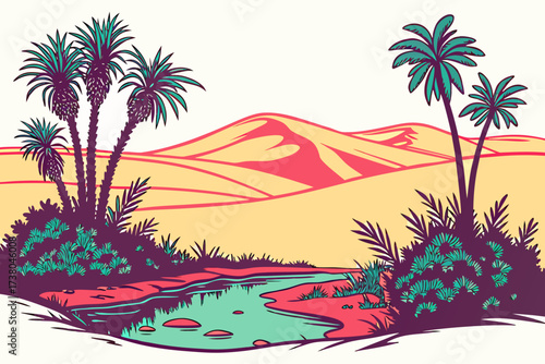 Desert oasis with palm trees and water sand dunes