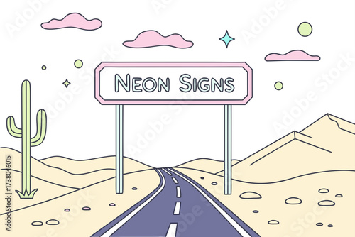 Desert road with neon signs and cactus highway travel