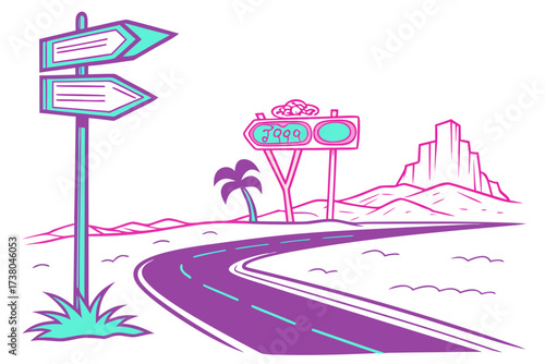 Desert road with neon signs and mountains highway