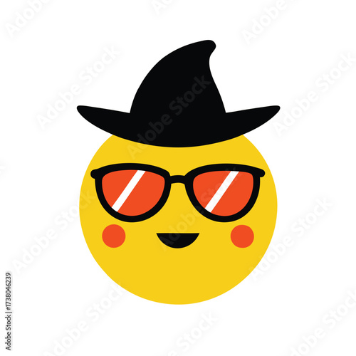 Cool yellow emoji wearing a black witch hat and orange sunglasses with rosy cheeks