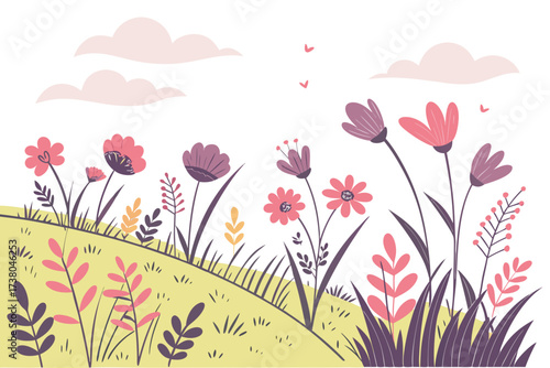 Dreamy meadow with colorful clouds and flowers pink