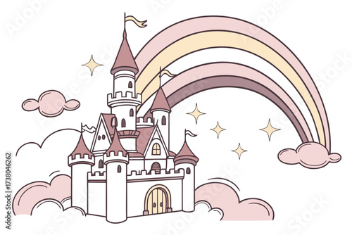 Fairytale castle with pastel rainbow and clouds fantasy