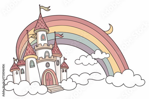 Fantasy castle with rainbow and clouds vector style