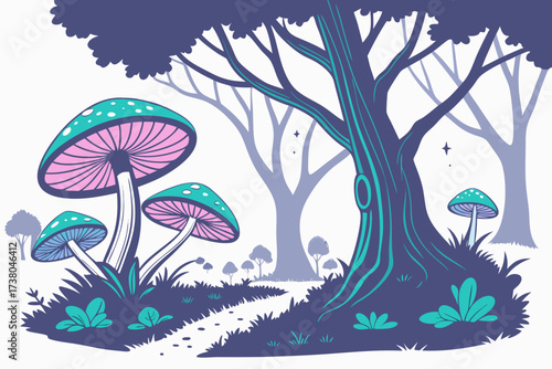 Fantasy forest with glowing mushrooms and trees vector