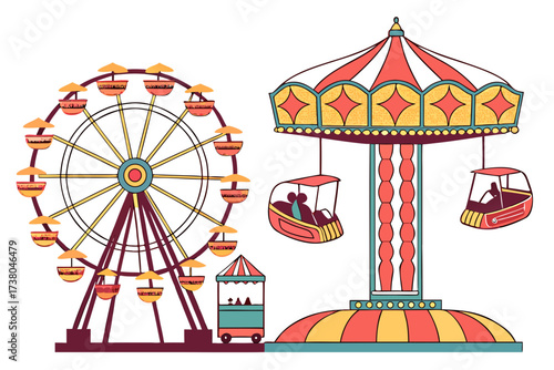Ferris wheel and carousel ride on white background
