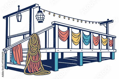 Fishing dock with colorful draped fabric and rope pier
