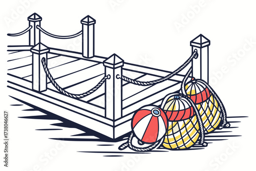 Fishing dock with colorful nets and beach ball pier