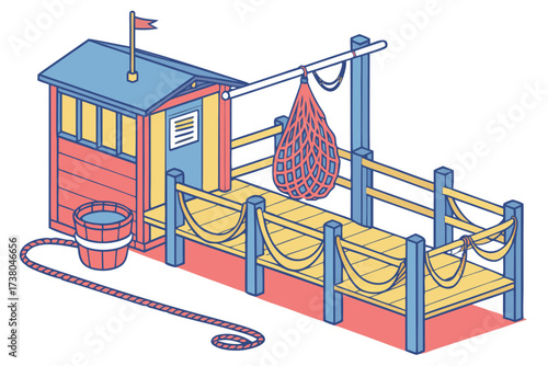 Fishing dock with red bucket and net on white background