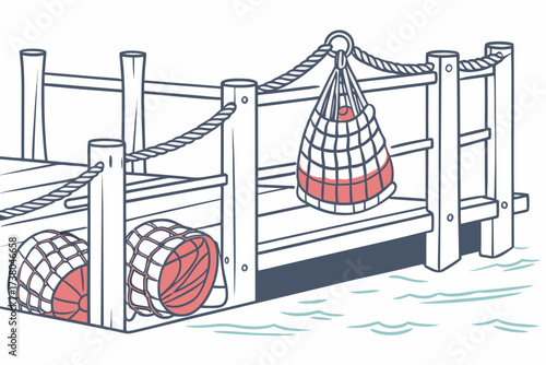 Fishing dock with colorful nets and rope on white background