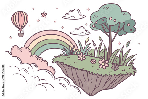 Floating island with hot air balloon and rainbow fantasy