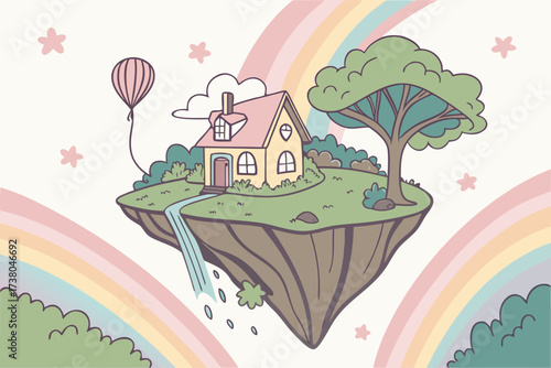 Floating island with house hot air balloon and rainbow