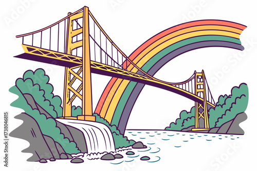 Golden Gate Bridge with Rainbow and Waterfall river