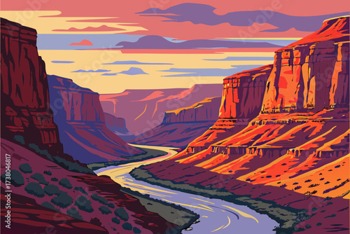Grand Canyon river at sunset vector illustration landscape