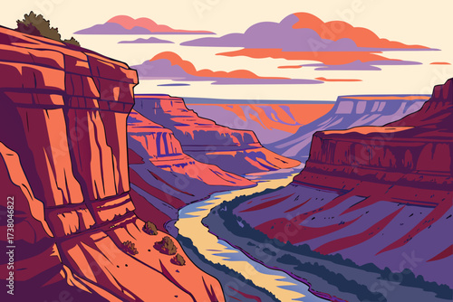 Grand Canyon vector illustration at sunset landscape
