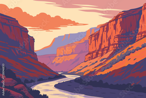 Grand Canyon river valley at sunset vector illustration