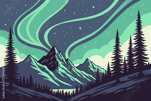 Green aurora over dark mountains and pine trees aurora borealis