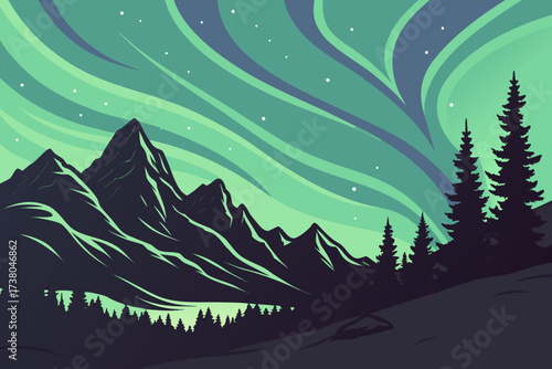 Green aurora lights over dark mountain landscape aurora borealis