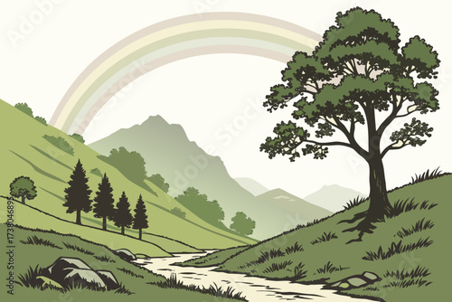 Green mountain valley with rainbow and river stream 1