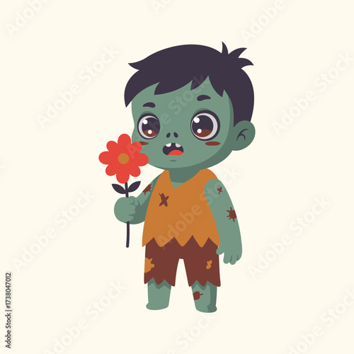 Cute Cartoon Zombie Boy Holding Flower for Halloween Celebration Element Illustration