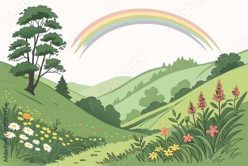 Green rolling hills with a pastel rainbow and wildflowers