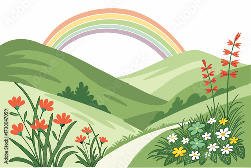 Green rolling hills with a rainbow and flowers nature