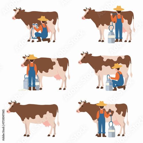 A collection of illustrations depicting cows and a farmer involved in the process of milking, showcasing dairy farming and milk production from udder to container.