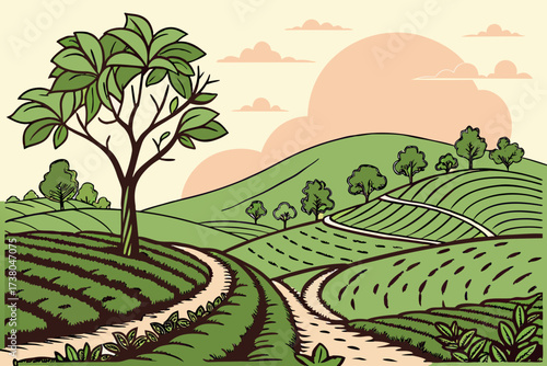 Green rolling hills with a winding path and trees landscape