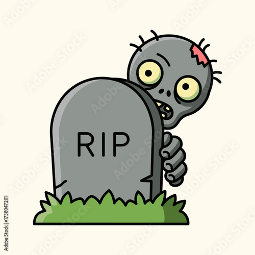 Cartoon Zombie Rises From Grave Behind Tombstone In A Halloween Illustration