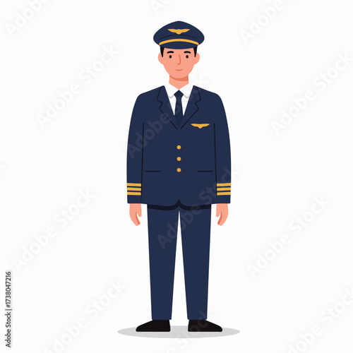 Flat design illustration of a professional male pilot in full uniform, depicting aviation, travel, and career in air transportation.
