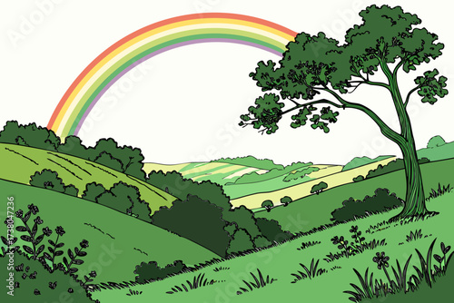 Green valley with rolling hills and a rainbow landscape