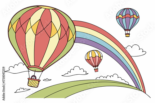 Hot air balloons and rainbow vector art on white background