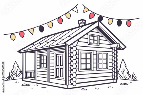Hand drawn log cabin with festive bunting house building