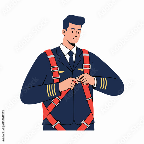 Smiling male pilot in uniform fastening a red safety harness, preparing for flight in a professional vector illustration.