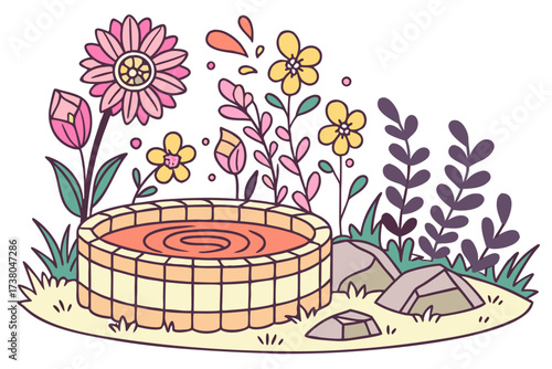 Hot spring surrounded by colorful flowers and rocks