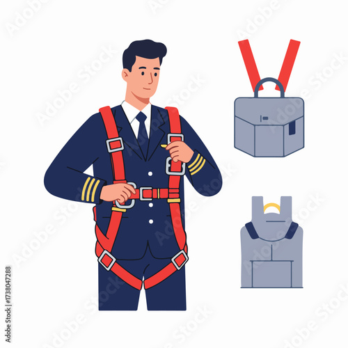 Pilot in uniform adjusting a red safety harness, with a brief case and backpack illustration.