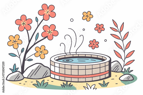Hot spring surrounded by colorful flowers and rocks 1