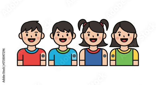 Vaccinated children smiling a diverse group of kids with vaccine band-aids representing pediatric health immunization and protection against disease.