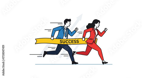 Achieving success crossing the finish line a businessman and businesswoman racing forward symbolizing determination and ambition in the business world.