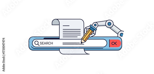 ai content creation a robotic arm uses a pencil to write in a search bar illustrating automated writing and search engine technology.