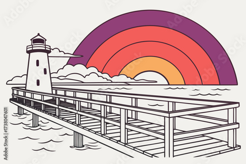 Lighthouse on pier with rainbow sunset ocean