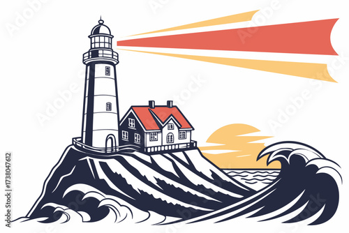 Lighthouse on cliff with sunset and waves seaside ocean